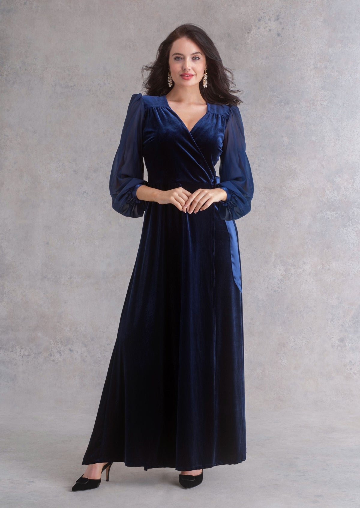 Navy Velvet Gown with Chiffon Sleeves