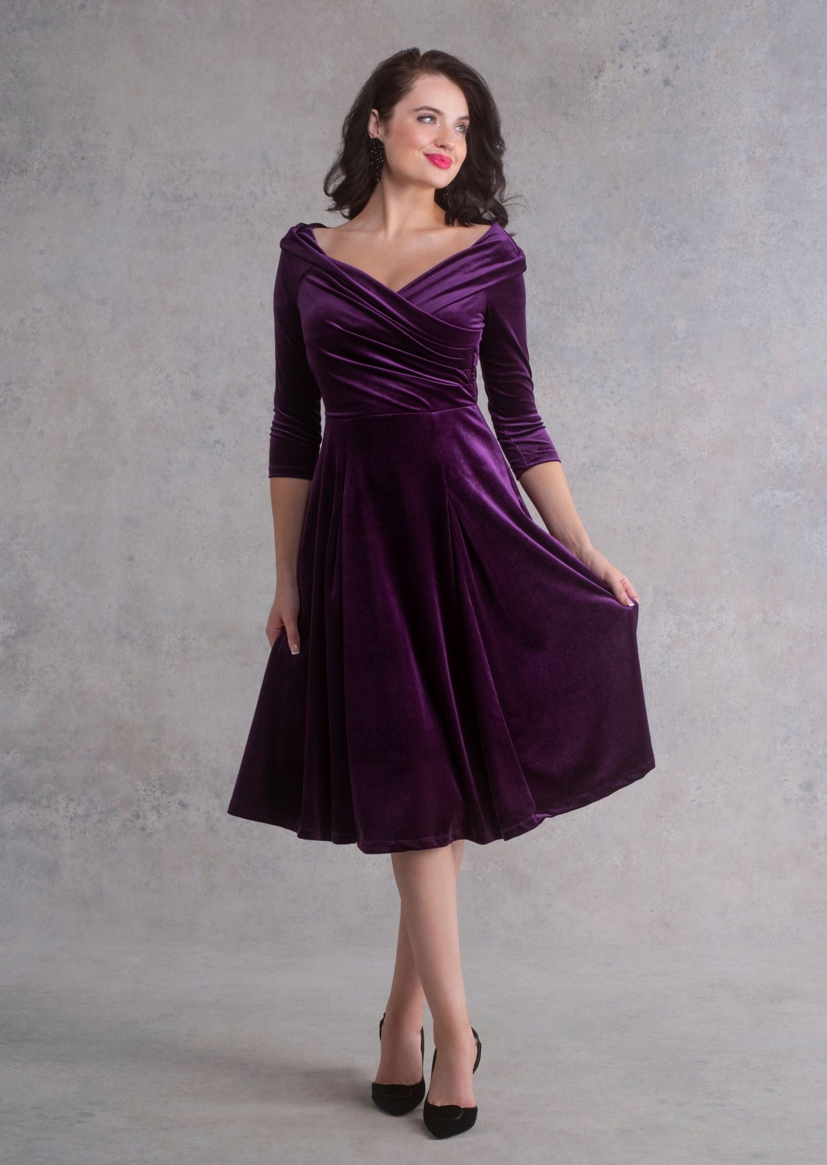 Edge of the Shoulder Flared Dress in Purple Velvet