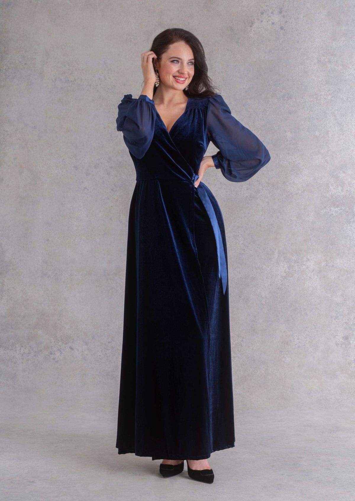 Navy Velvet Gown with Chiffon Sleeves