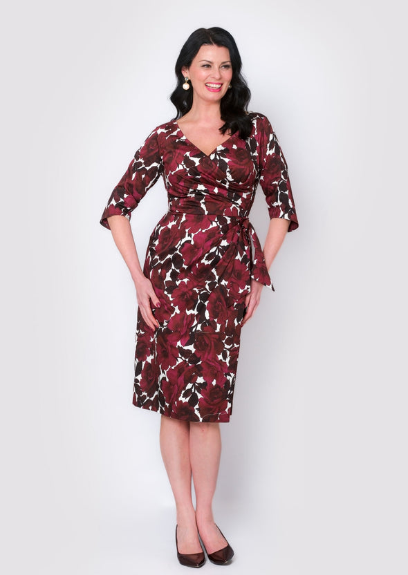 Confident 3/4 Sleeve Dress in Wine Roses