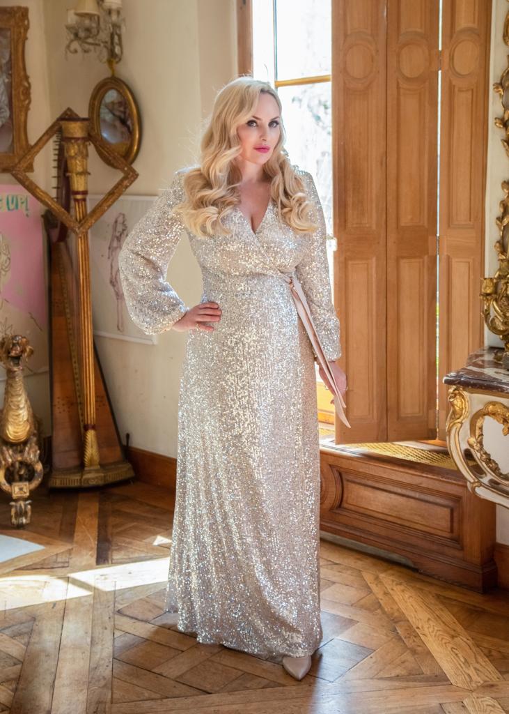 Luxury Sequin Gown in Gold Oyster