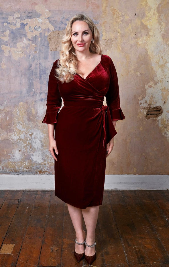 Luxury Silk Velvet Confident Dress with Ruffle Cuffs in Red