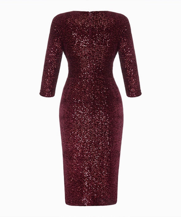 Wine Sequin Velvet 3/4 Sleeve 'Stretch Luxe' Dress