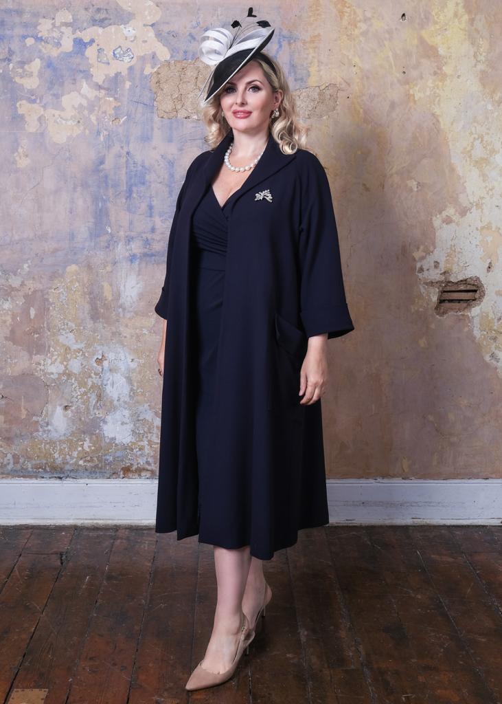 New Navy Confident Bombshell Cap Sleeve Dress with matching Coat