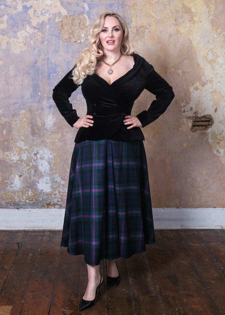 Maxi Skirt in Locharron of Scotland Baird Modern Tartan with Velvet Black Jacket