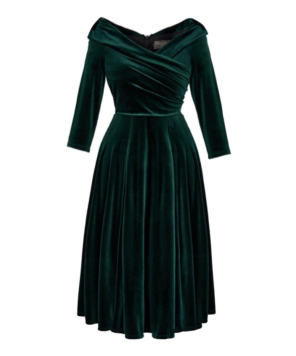 Dark Green Velvet 'Edge of the Shoulder' Flared Bombshell Dress