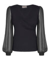 Black Jersey Wrap Top with Chiffon Bell Sleeves